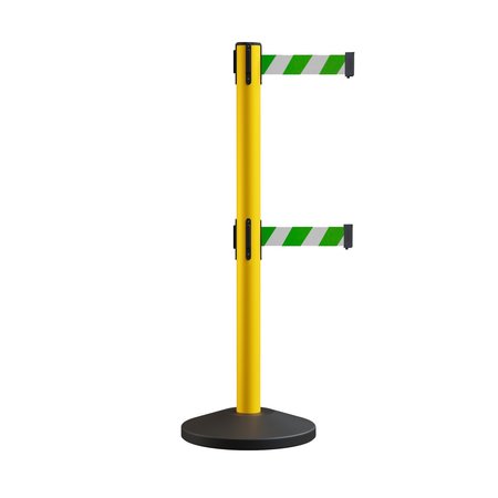 MONTOUR LINE Retractable Dbl Belt Rolling Stanchion, 2.5in YW Post  9' Grn/Wh Belt MS630D-YW-GWD-90